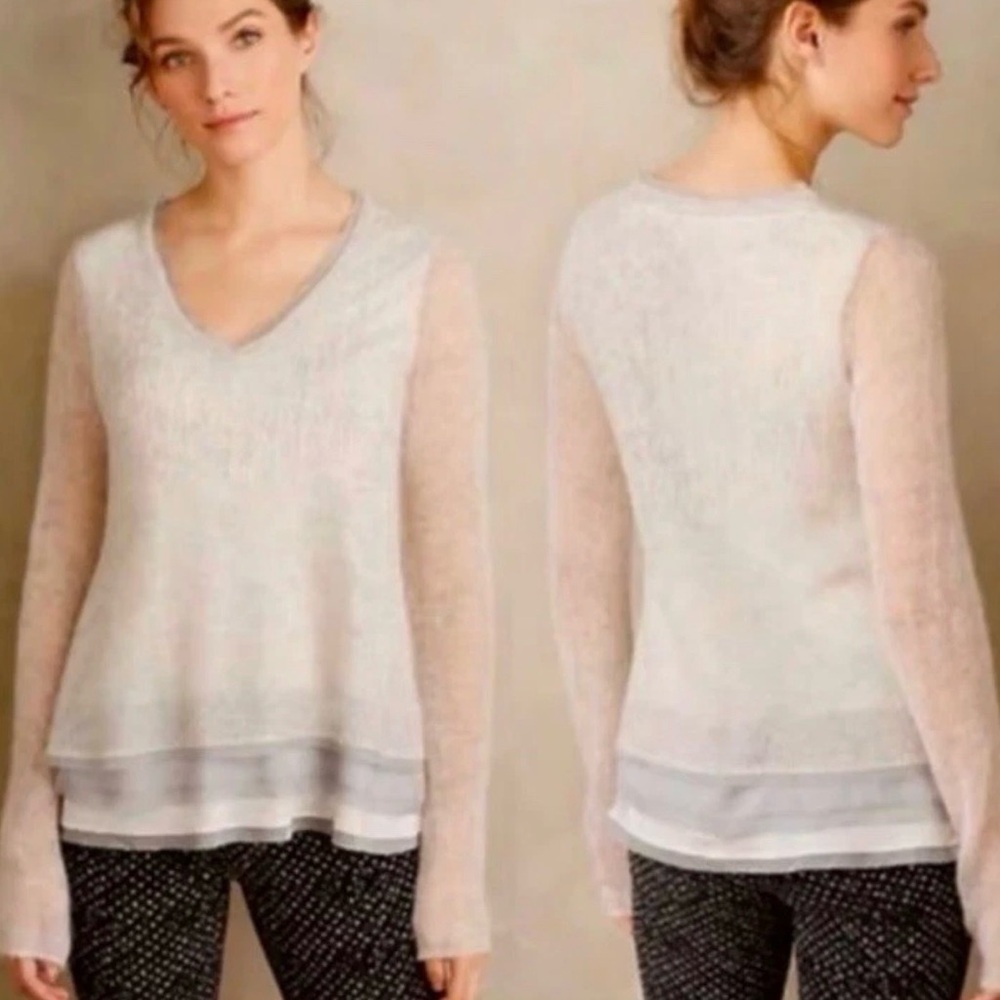 Knitted & Knotted Alpaca Blend Tiered Scoop Neck Sweater Sheer Trim Size Small
